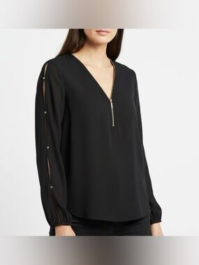 NWT Guess Gold Zipper V Neck Flirty Sleeve Sheer Black Top Feminine Coquette, M
